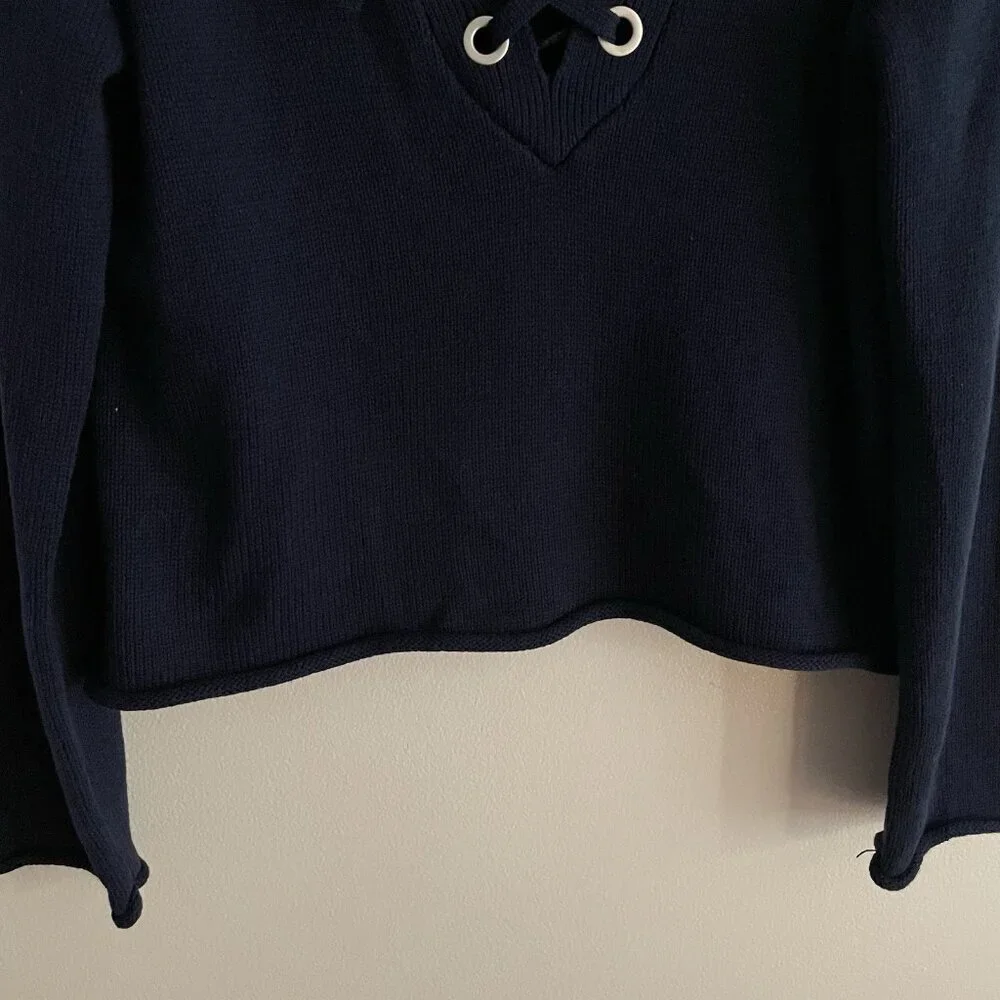 Maurices Women XS Navy Blue Preppy Coastal Relaxed Lace Up Collared Sweater NWT